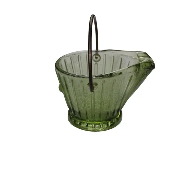 VTG Hazel Atlas Green Glass Miniature Coal Bucket Toothpick Holder Ashtray - Picture 10 of 10